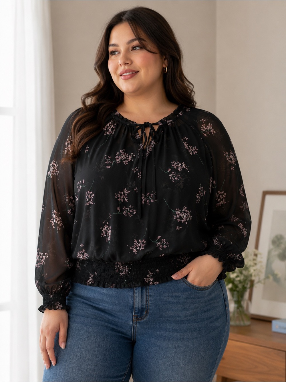 Reitmans Black Sheer Floral Tie-Neck Blouse
